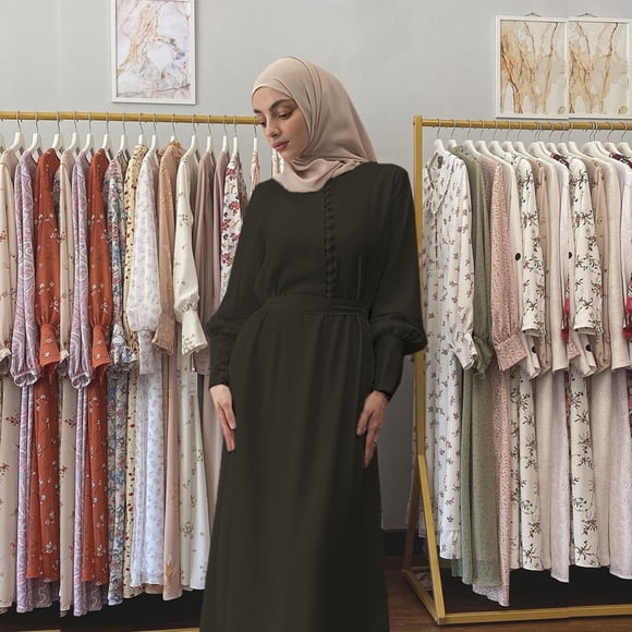 GZWYHT Dresses for Women 2025,Maxi Dresses Women's Casual Solid Muslim Dress Lantern Sleeve Abaya Islamic Arab Kaftan Dress Long Sleeve Dress,Modest Dresses,Black Dress,Clearance Dressers M