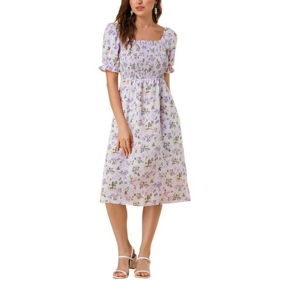 INSPIRE CHIC Women's Summer Dress Smocked Floral Square Neck Puff Short Sleeve Midi Dress M Purple