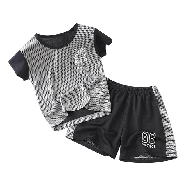 MIASHUI Boys Loose Athletic Short Sleeve Shirt and Active Mesh Shorts Set,Grey,2-3 years