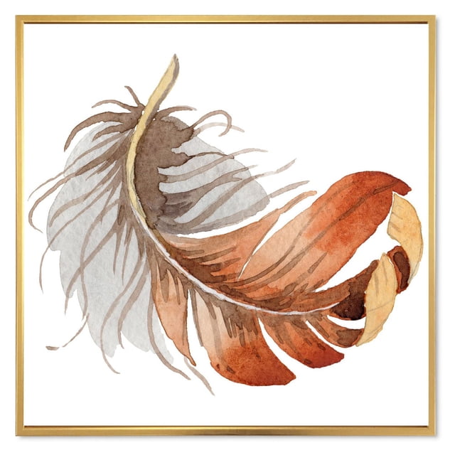 Designart Cadre Mural Flottant à Plumes d'Oiseau Ethniques Orange ART Représentant une Plume d'Oiseau Aquarelle dans des Tons Orange et Bruns sur Toile de Coton de Qualité Supérieure, Enveloppé pour Galerie avec design s'Étendant sur les Côtés, Ensemble dans un Cadre Flottant Mince Doré, Prêt à Accrocher, Idéal pour une Déco Maison Bohème et Éclectique.