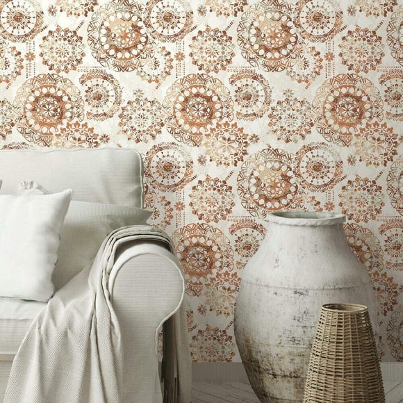 RoomMates Bohemian Medallion Orange & White Peel and Stick Wallpaper