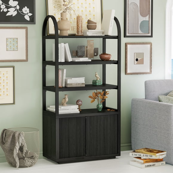 Beautiful Fluted 3-Shelf Bookcase with Storage Cabinet by Drew Barrymore, Rich Black Finish, for adults