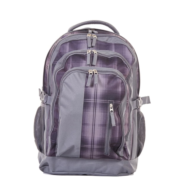 Jetstream Large Multi-pocket System Backpack in grey plaid with multiple zippered compartments including a middle laptop sleeve, front organizer pocket, padded adjustable shoulder straps with reflective patches, and two elasticized side mesh pockets with compression straps, suitable for students carrying school supplies or daily essentials.