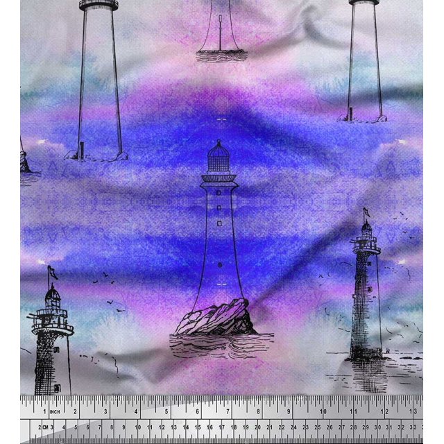 Soimoi Polyester Crepe Fabric Lighthouse Nautical Print Sewing Fabric Yard 42 Inch Wide