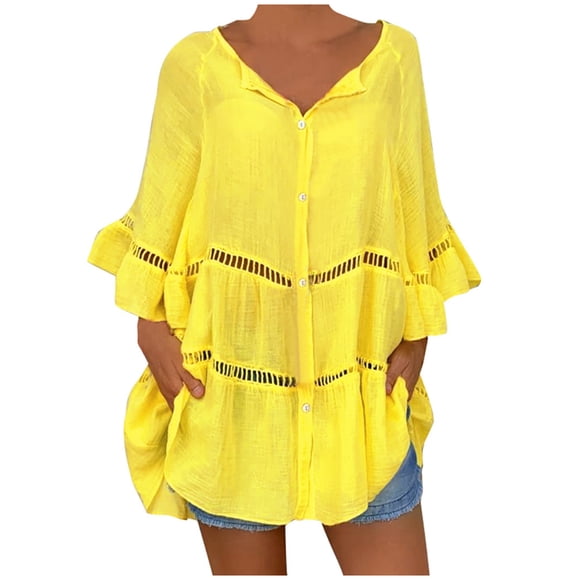 Black of Friday Women's Plus Size Babydoll Oversize Long Bouse Mini Dress Solid Color Eyelet Tees Summer Tops Woman Dressy Vintage Button Down V Neck T Shirt 3/4 Sleeve Western Shirts Tunic Yellow XL