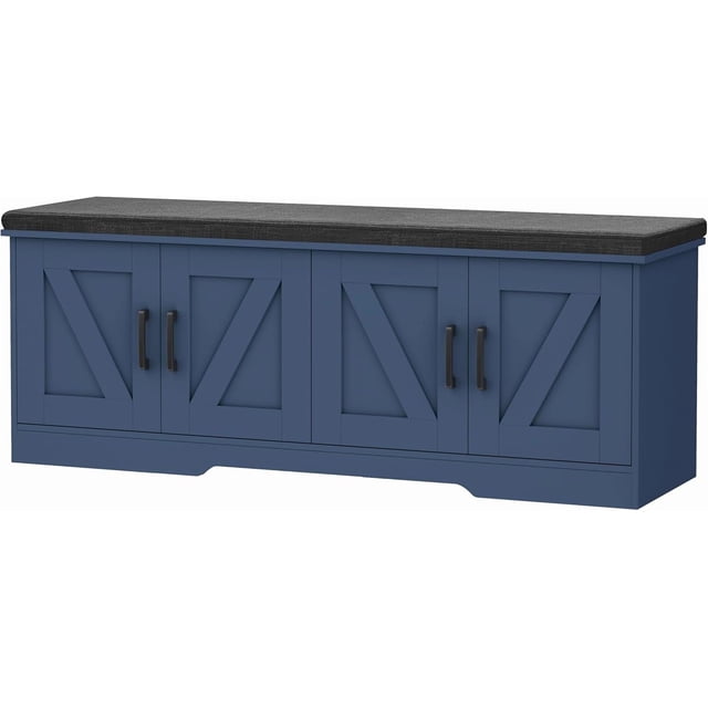 Banc de Rangement Banc à Chaussures avec Coussin d'Assise Rembourré Banc d'Entrée avec Portes de Grange Tablette Ajustable pour Entrée Salon Chambre