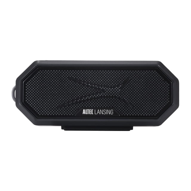 Altec Lansing Haut-Parleur Hydra Jolt2.0 Vue de devant Montrant un Haut-Parleur Bluetooth Sans Fil portable Noir et Rectangulaire avec une grille Texturée et un logo Blanc, Doté d'Un design Étanche, Antichoc et Antipoussière Idéal pour une Utilisation Extérieure.