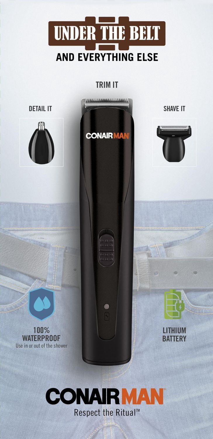 Conair Man Under the Belt Groin & Body Groomer, Waterproof Lithium‑Ion Trimmer & Shaver with Facial & Nose/Ear Attachments