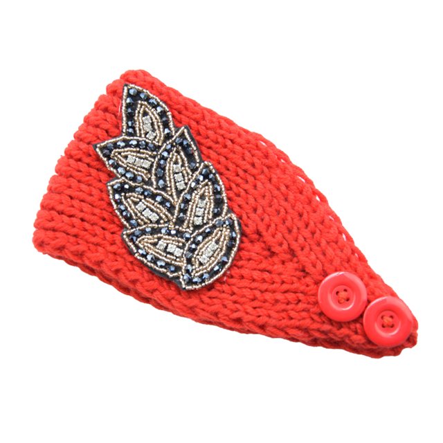Crochet Headbands Winter Leaves Pattern with Hairband with Buttons. Rhinestones Elastic Head Protector Wide Warm Chunky Hair Accessories for Girls Red