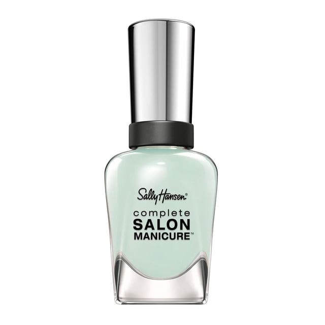 Sally Hansen Complete Salon Manicure Nail Polish in light mint green with a clear glass bottle, black collar, and silver cap, featuring a keratin complex for stronger nails, chip resistance, and a precision brush for salon-quality results, ideal for at-home professional manicures.