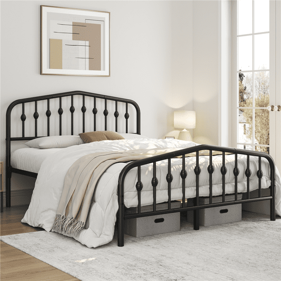 Fullfurnique Modern Metal Bed Frame with Arched Headboard and Footboard, Queen, Black