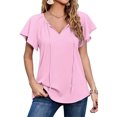 thumbnail image 4 of Woman Ruffle Short Sleeve Summer  Blouses Chiffon Boho Printed V Neck Drawstring Shirt Casual Leisure Sleeve Blouse, 4 of 6
