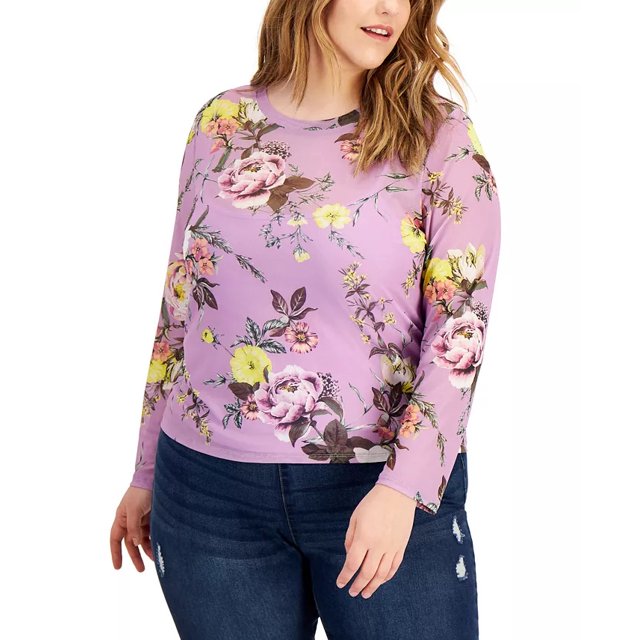 Love, Fire Haut en Maille Imprimée Tendance à Manches Longues Grande Taille, Violet, 1X
