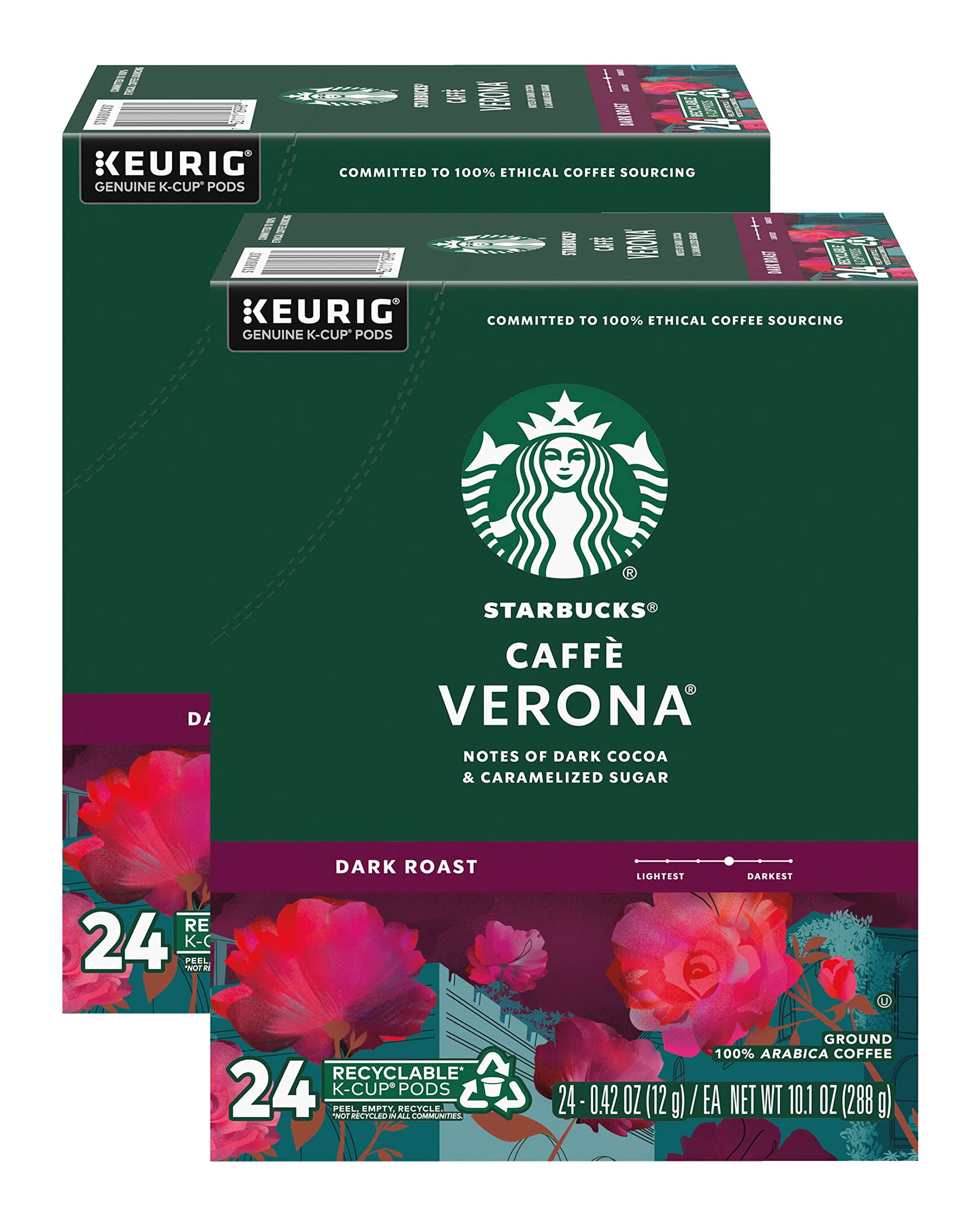 Starbucks Coffee K-Cup Pods, Caffè Verona, Dark Roast Coffee, Notes Of Dark Cocoa & Caramelized Sugar, Keurig Genuine K-Cup Pods, 24 Count K-Cups (Pack Of 2)