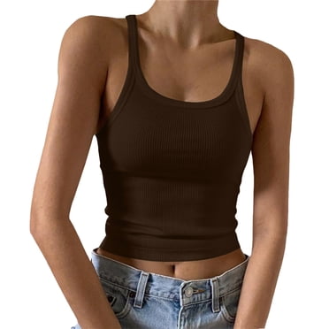 Ketyyh-chn99 Débardeurs pour Femmes T-Shirts pour Dames Chic Décontracté Camisole Sans Manches Chemise Ajustée Unie Côtelée Débardeur Brun,P