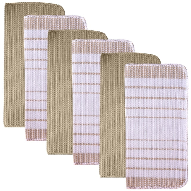 Fouta Ensemble de 6 Linges à Vaisselle en Coton à Rayures, 12 x 12 Pouces, Comprend un Tissage Gaufré beige et des Serviettes en Coton Blanches à Rayures Beiges, Conçues pour un Séchage Sans Charpie et un Usage Polyvalent en Cuisine comme Linges à Vaisselle et Serviettes de Cuisine.