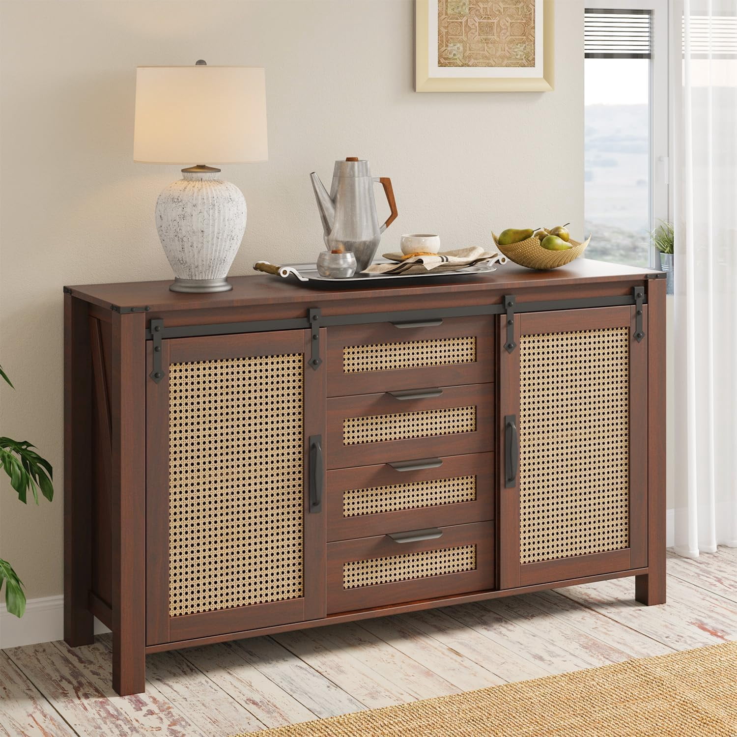 AECOJOY 55'' Rattan Sideboard Buffet Cabinet with 4 Drawers, 2-Sliding Doors Wicker Kitchen Storage Cabinet for Dining Room, Living Room in Brown