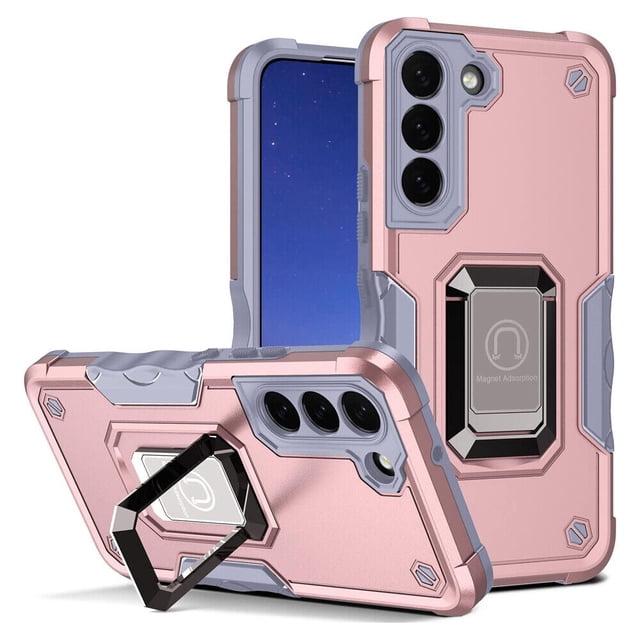 Supershield Samsung S21 FE Case Defender Fitted Hard Shell Ring Holder Stand Cover Case in rose gold, designed for Galaxy S21 FE. Features durable TPU material, precise cutouts for camera, charger, and microphone, raised edges for screen and camera protection, anti-slip grip, and military-grade protection with air-cushion technology. Includes a built-in ring holder for added functionality.