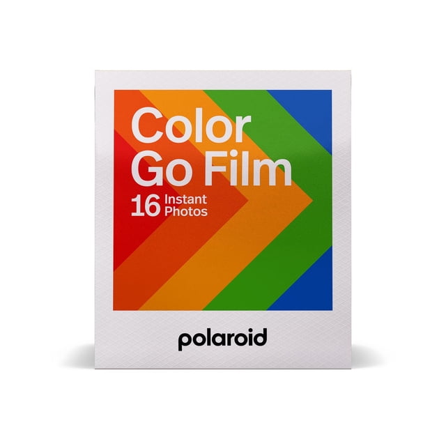 Polaroid Go Color Film double pack box containing 16 instant photos with a glossy white frame, featuring a colorful geometric arrow pattern in red, orange, green, and blue, branded with the Polaroid logo, designed for use with Polaroid Go cameras.