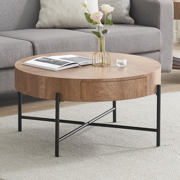 Round Coffee Table – Farmhouse with Drawers & Storage – Wood Accent Center Table – Natural – Living Room