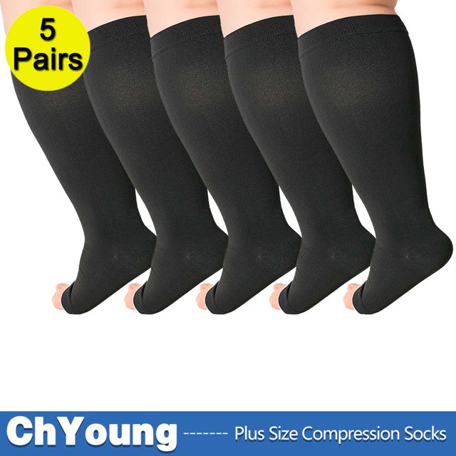 2Pack 4XL Toeless Compression Socks Unisex Extra Wide Calf Open Toe Support Circulation 20-30 mmHg Knee High for Fatigue Pain Leg Swelling Soothing Comfy Gradient Support Prevents Edema B