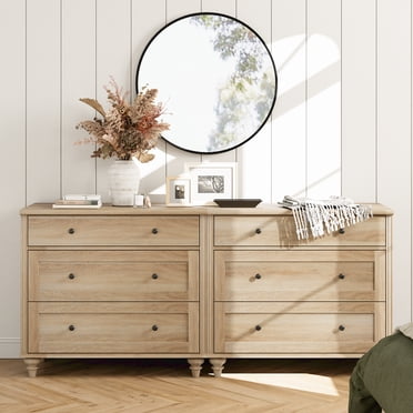 WAMPAT 6-Drawer Dresser, Wide Chest of Drawers, Mid-Century Modern Wooden Closet Organizer for Bedroom, Kids Room, Living Room, Nursery, Natural Oak, 2-Pack