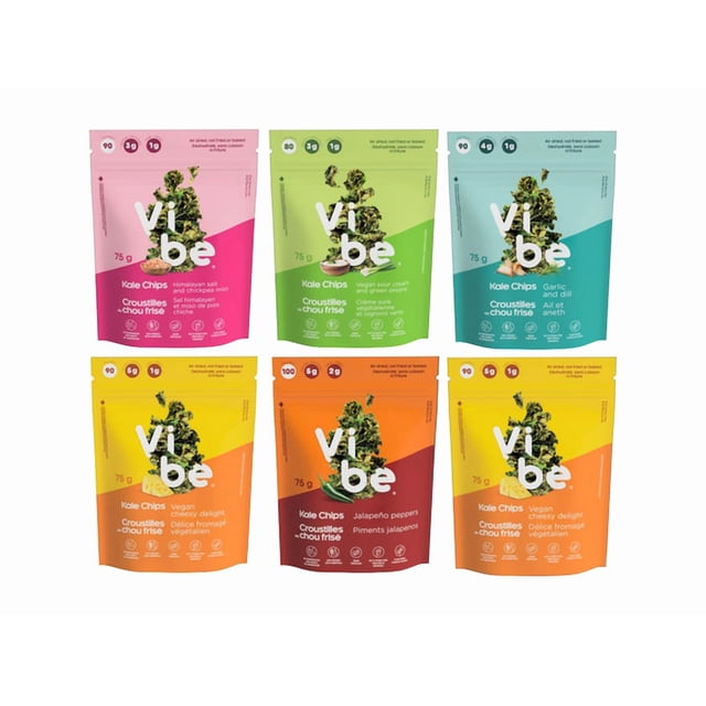 Vibe Kale Chips Mix 6 Pack featuring six 75g resealable pouches in assorted flavors: Himalayan salt and chickpea miso, vegan sour cream and green onion, garlic and dill, vegan cheesy delight, and jalapeño peppers. Each pouch highlights nutritional information, including low calories, high protein, and fiber. Gluten-free, vegan, non-GMO, and preservative-free, these kale chips are a healthy snack option.