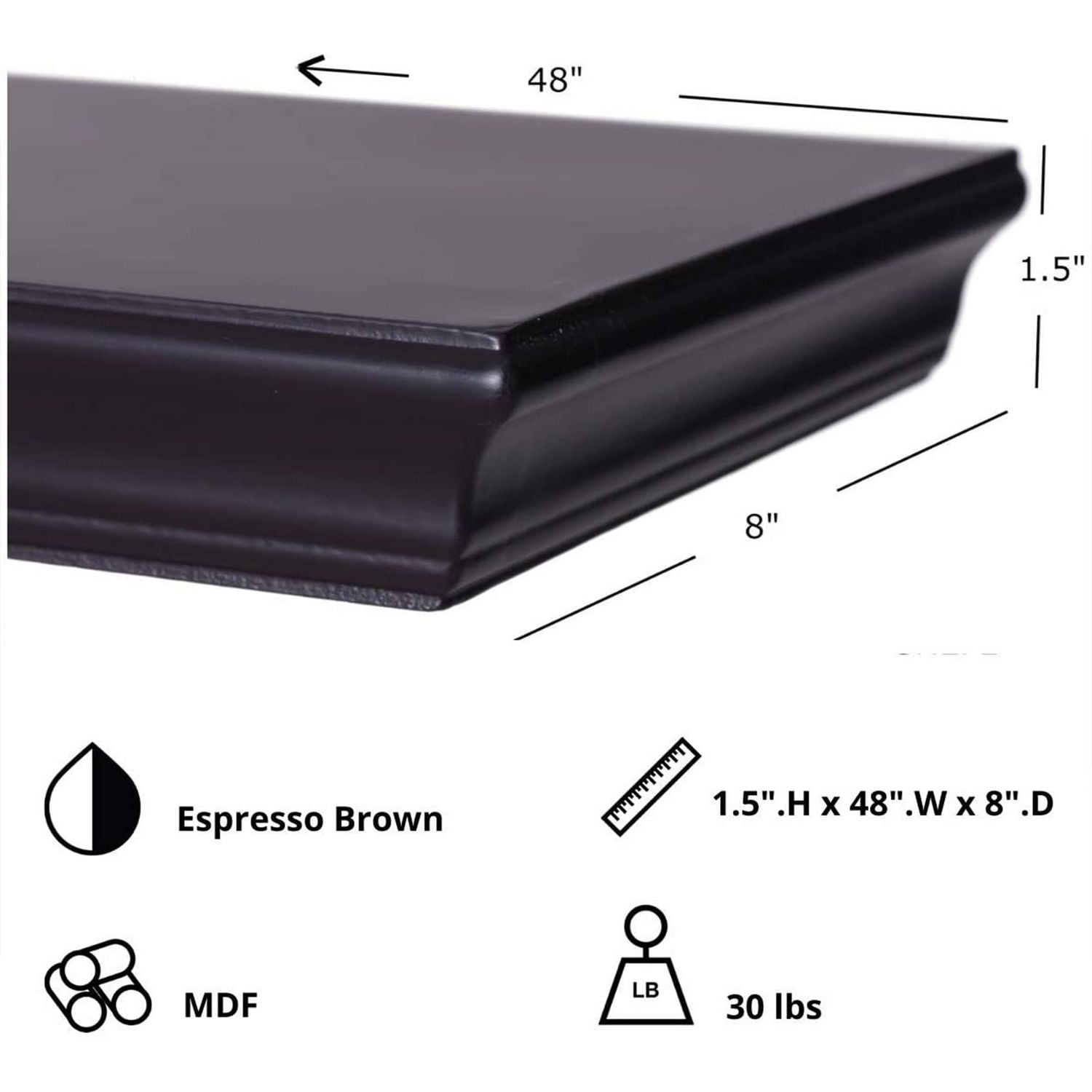 Kiera Grace Functional & Decorative Bristol Aston Floating Wall Shelf For Home & Office, 8"L x 48"W x 1.5"H, Brown