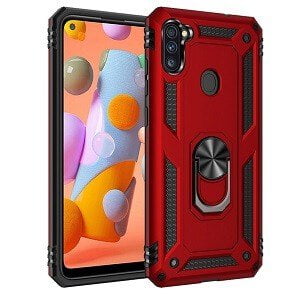 Samsung Galaxy A11 Red Military Grade 360 Degree Rotating Metal Magnetic Ring Car Mount Holder Kickstand Shockproof Heavy Duty Cover