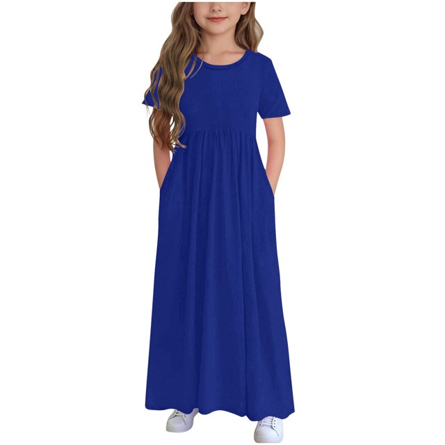 Bwiyojiz Tailles Mode 120-170 Robe Imprimée pour Enfants à Couleur Unie à Manches Courtes avec Volants et Poches, Col Rond, Bleu