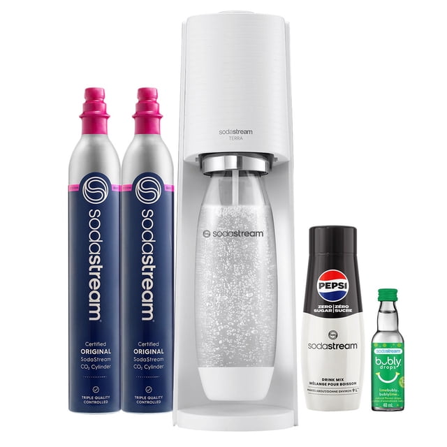 SodaStream Terra Sparkling Water Maker in white, featuring a carbonation system that carbonates BPA-free plastic bottles without electricity. The set includes two SodaStream CO2 cylinders, a reusable bottle, a Pepsi Zero Sugar drink mix, and a SodaStream Bubly Drops lime flavouring. Designed for intuitive cylinder connection and convenient sparkling water preparation.