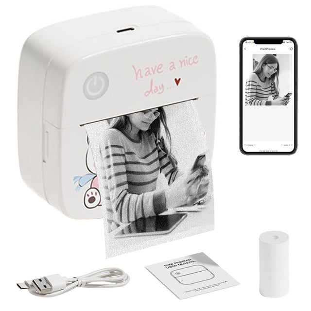 Yeacher Portable Mini Thermal Label Printer with Host, Charging Cable, Manual, Print Paper, Pink Bear Design, 1 Count