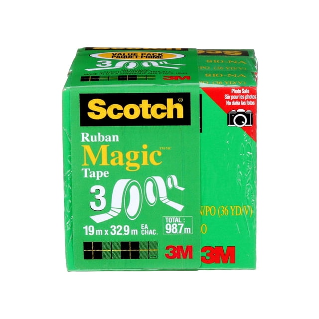 Scotch® Magic™ Tape Walmart Repack 810-3PK-BXD with three rolls of matte finish adhesive tape, each 19 m by 32.9 m, total 98.7 m. Photo-safe and invisible on paper, this general-purpose tape is writeable and ideal for office and school desk use.