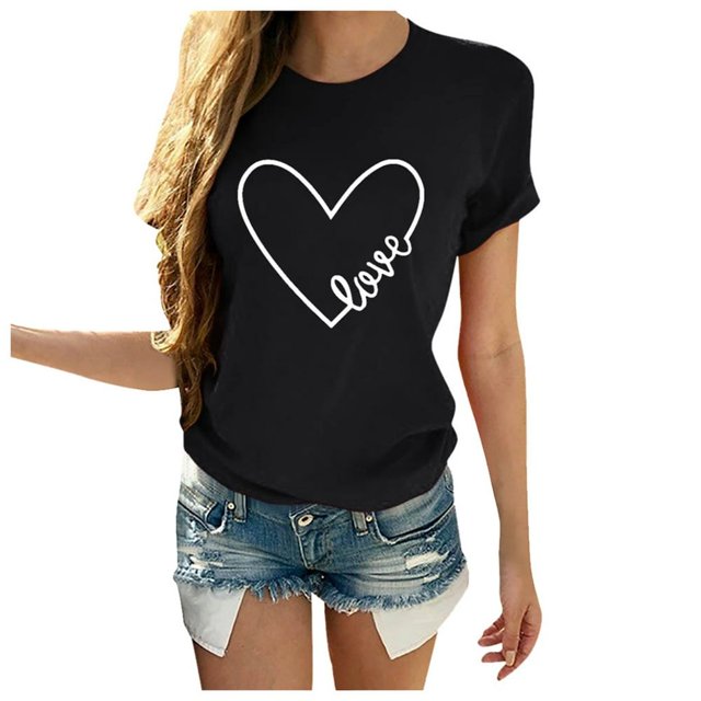 T-shirt Décontracté à Manches Courtes Col Rond Imprimé Lettre en Forme de Cœur pour Femmes pour la Saint-Valentin