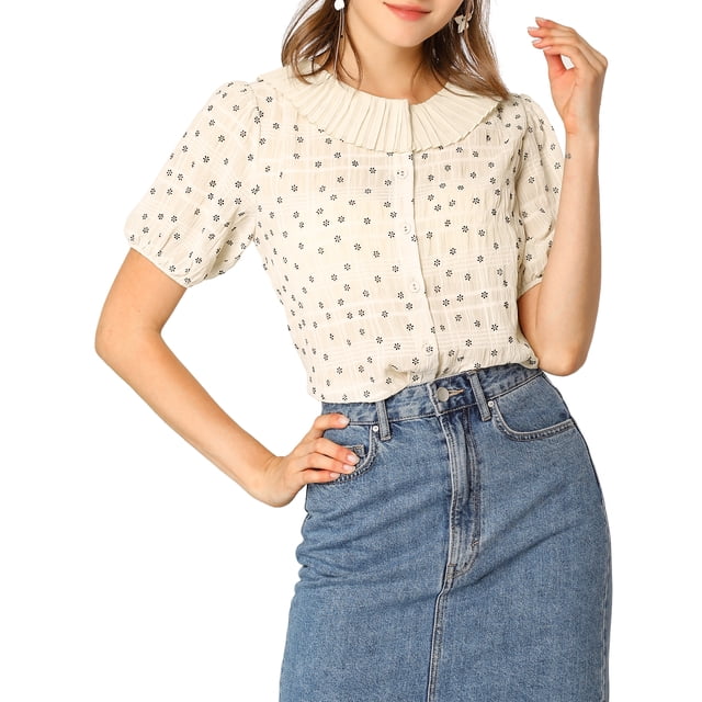 INSPIRE CHIC Women's Floral Puff Sleeves Pleated Collar Button Down Shirt