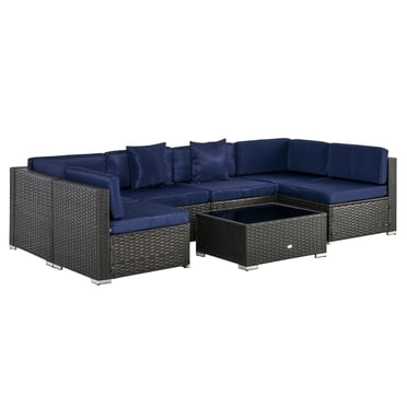 Outsunny Ensemble de Mobilier de Patio 7 Pcs, Ensemble de Conversation Extérieur en Rotin PE avec Sofa Sectionnel, Dessus de Table en Verre, Coussins et Oreillers pour Jardin, Pelouse, Terrasse, Brun Foncé et Bleu Marine