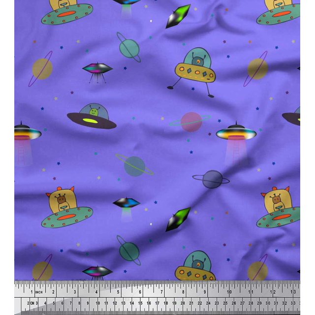Soimoi Modal Satin Fabric Planet,Animal & Spaceship Cartoon Decor Fabric Printed Yard 42 Inch Wide