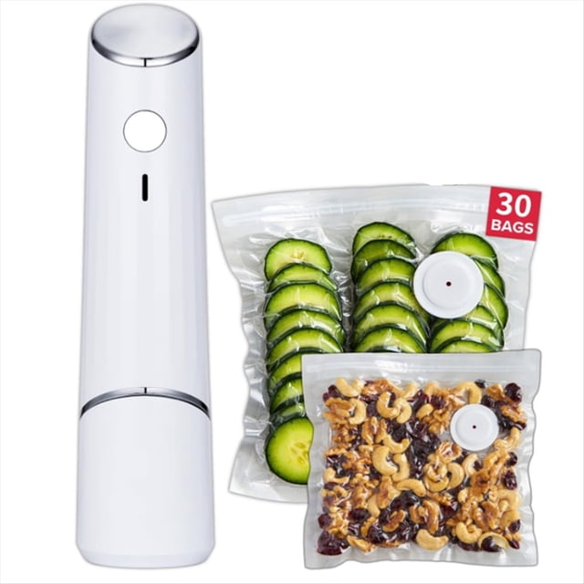 1ensemble Scelleuse sous Vide Compacte pour Aliments Puissante Machine de Scellage à Main, Scelleuse de Repas, Scelleuse Alimentaire Portable, 1 x Machine sous Vide 30 x Sacs, Blanc
