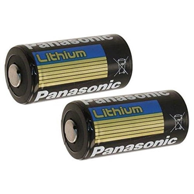 Panasonic CR123 CR123A Batterie au Lithium 3V (Lot de 2) avec Deux batteries Cylindriques au design Noir, Or et Bleu. Chaque Pile Mesure 0,67 Pouce de Diamètre et 1,36 Pouce de Hauteur (17,0 mm x 34,5 mm). Convient aux Appareils Photo et Autres Appareils Électroniques.