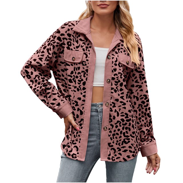 PEZHADA Womens Shacket Jacket New Leopard Print Button Long Sleeve Jacket Shirt Coat with Pocket Pink