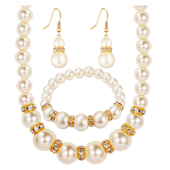 Hearth & Gear Elegant Lady Jewelry Pearl Set Necklace Earrings Bracelet Three Piece Set Jewelry Set Bridal Jewelry Set for Wedding Jewelry Set for Girls Bridal Jewelry Set for Wedding Bridal Jewelry