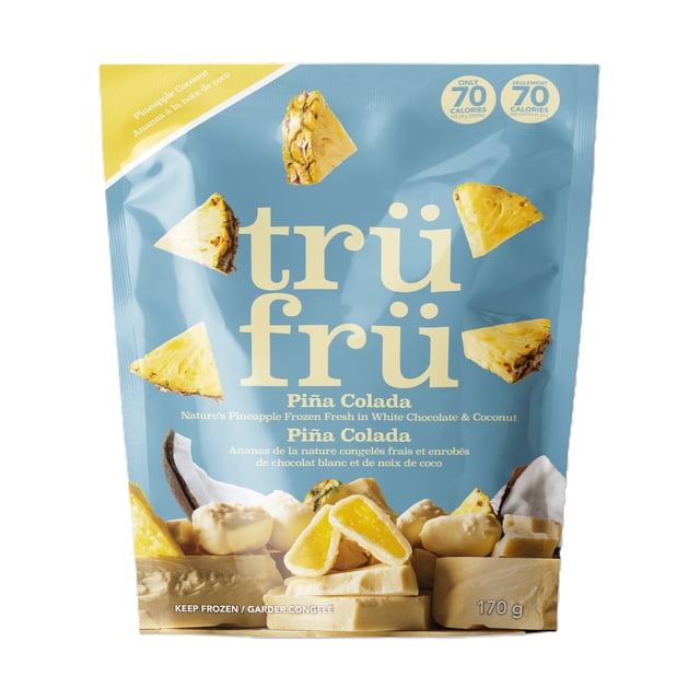 TruFru Piña Colada Sac de 6 Oz de Morceaux d'Ananas Surgelés Enrobés de Chocolat Blanc et de Noix de Coco, Présentés sur un Emballage Bleu et Jaune avec un Poids net de 170 Grammes et 70 calories par Portion, Idéal pour les Amateurs de Desserts Glacés.