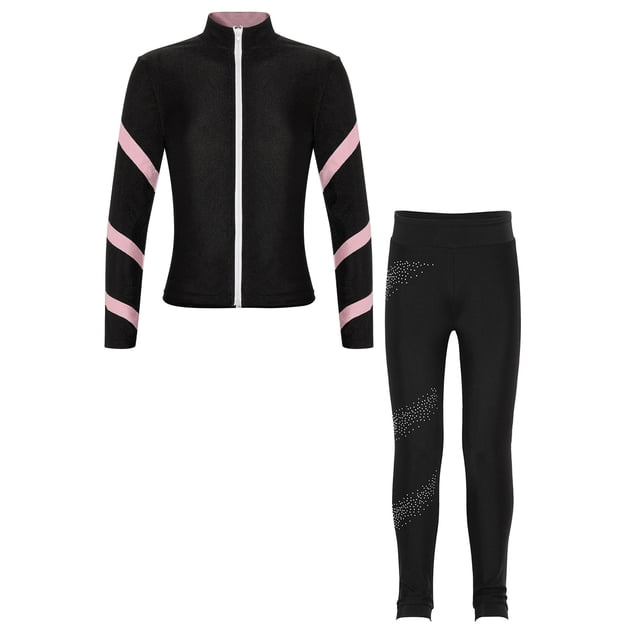 Yeahdor Kids Girls 2 Piece Figure Skating Training Suit Long Sleeve Zipper Jacket And Rhinestone Leggings Set Pink 8