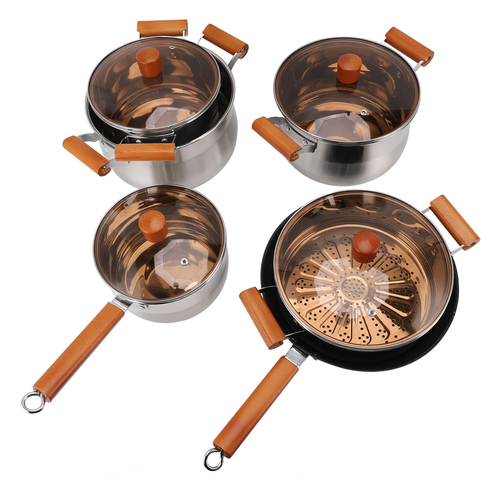 Stainless Steel Cookware Set Wooden Handle Multifunctional Kitchen Cooking Set for Steaming Boiling Making Soup