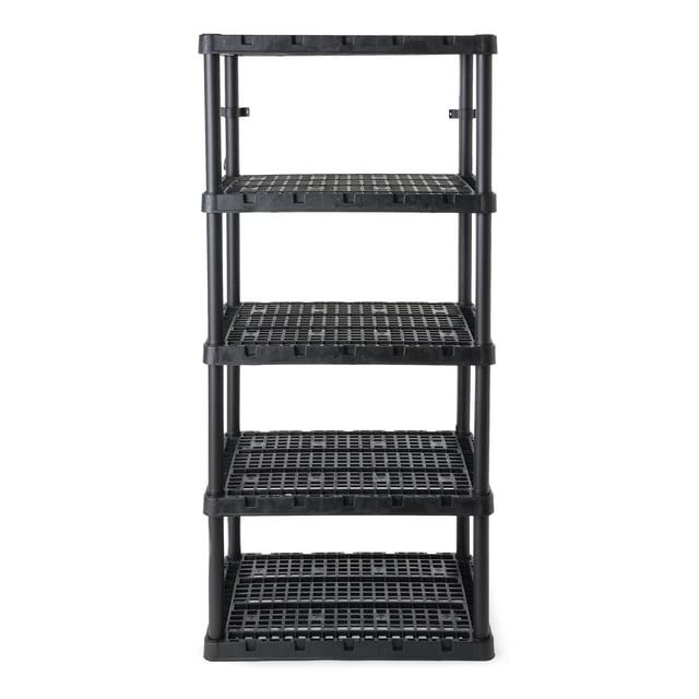 Gracious Living XL 5 Shelf Knect-A-Shelf Ventilated Heavy Duty Storage Unit in black, featuring five fixed-height ventilated shelves made of durable plastic. Each shelf supports up to 200 pounds, with a total capacity of 1,000 pounds. The unit measures 24 x 36 x 72 inches and includes a Knect-A-Shelf design for interconnecting multiple units. Suitable for organizing tools, clothes, or supplies in garages, basements, or utility rooms.