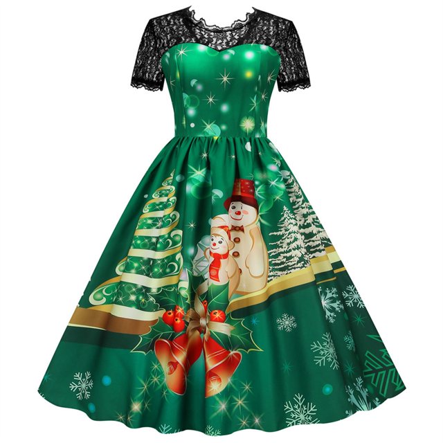 Jsaierl Robes de Noël pour Femmes 2024 Élégantes Décontractées à Manches Courtes Robe en Dentelle Robe de Fête des Fêtes Cocktail Robe à Volants