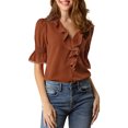 thumbnail image 1 of INSPIRE CHIC Women's Ruffled V Neck Puff Elbow Sleeve Semi-Sheer Chiffon Blouse S Brown, 1 of 8