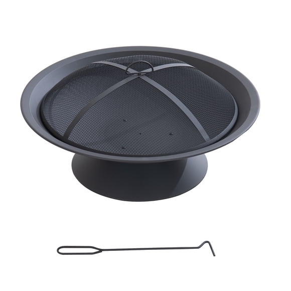 Sunjoy 28 in. Outdoor Fire Pit – Round Wood-Burning Steel Fire Bowl with Fire Poker, Black Patio Firepit for Backyard, Garden, Deck & Camping