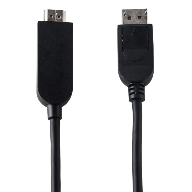 onn. 6 FT./1.8 m Full HD Video, High-Resolution DisplayPort to HDMI Cable centered, front-facing view of a 6 ft (1.8 m) DisplayPort-to-HDMI cable showing DisplayPort and HDMI connectors; transmits Full HD video and high-resolution audio, compatible with 4K at 30Hz, suitable for connecting computers to TVs or external monitors for presentations or streaming.
