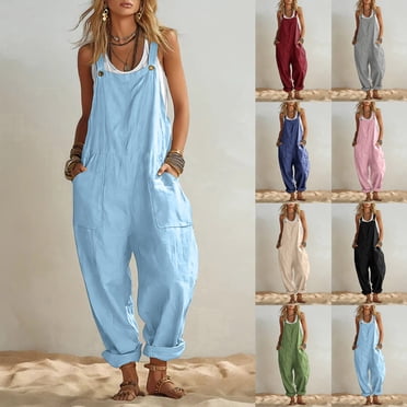 Sentmoon Linen Overalls for Women Sleeveless Dressy Romper Solid Color Regular Fit Spaghetti Strap Summer Jumpsuits for Women for Going Out and Party S-2XL